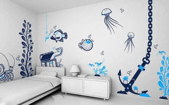 Paredes decoradas con ancla, habitación acuática, dormitorio con ...