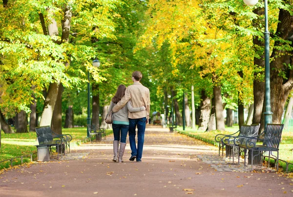 Pareja de enamorados caminando en el parque en otoño — Foto stock ...