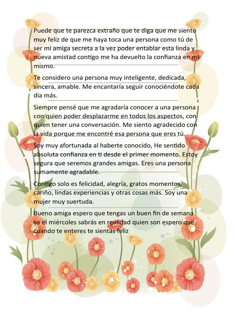 Puede Que Te Parezca Extraño Que Te Diga Que Me Siento Muy Feliz de Que Me Haya Toca Una Persona Como Tú de Ser Mi Amiga Secreta a La Vez Poder Entablar Puede Que Te Parezca Extraño Que Te Diga Que Me Siento Muy Feliz de Que Me Haya Toca Una Persona Como Tú de Ser Mi Amiga Secreta a La Vez Poder Entablar