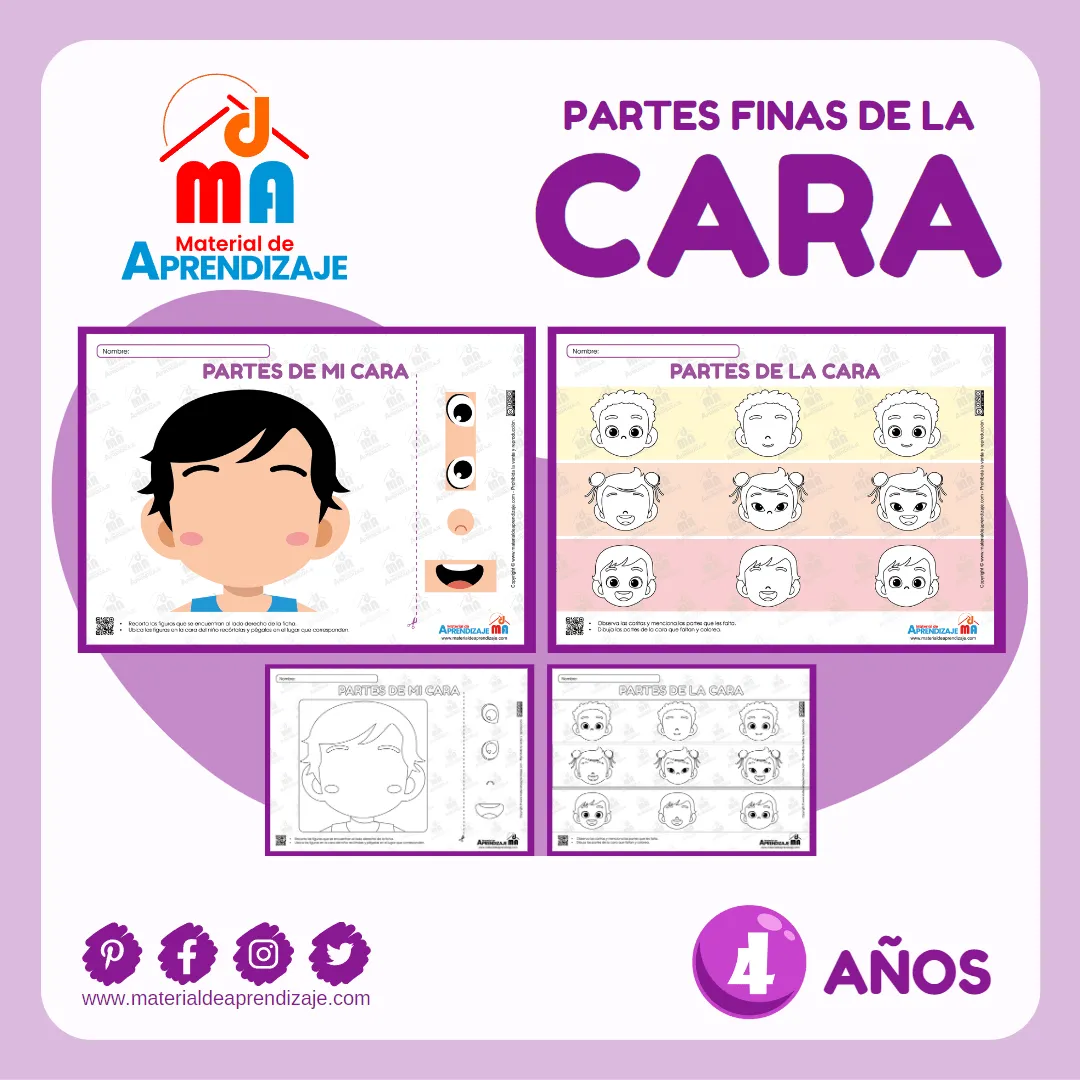 Las Partes de la Cara: Ficha Imprimible para Niños de 4 Años : Material de Aprendizaje Las Partes de la Cara: Ficha Imprimible para Niños de 4 Años : Material de Aprendizaje