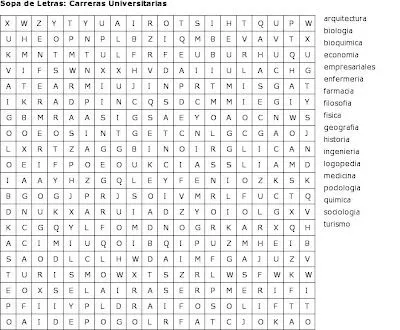 Pasatiempos para Imprimir: Sopa de Letras: Carreras Universitarias Pasatiempos para Imprimir: Sopa de Letras: Carreras Universitarias