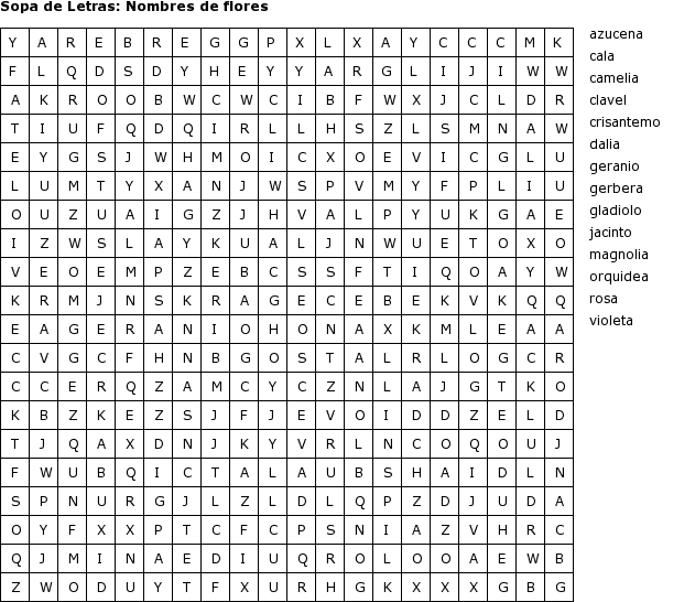 Pasatiempos para Imprimir: Sopa de Letras - Nombres de flores