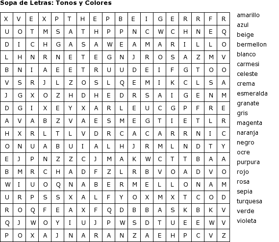 Pasatiempos para Imprimir: Sopa de Letras - Tonos y Colores