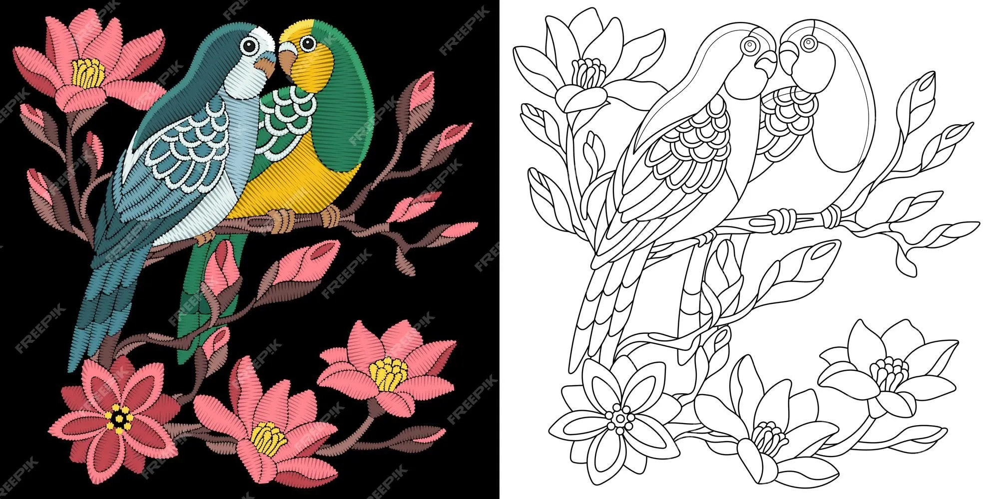 Patrón de bordado de loros y flores. diseño de flores bordadas. página del libro para colorear. | Vector Premium Patrón de bordado de loros y flores. diseño de flores bordadas. página del libro para colorear. | Vector Premium
