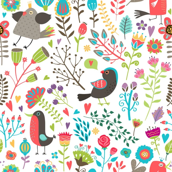 Patrón sin costuras pájaros y flores dibujadas a mano — Vector ... Patrón sin costuras pájaros y flores dibujadas a mano — Vector ...
