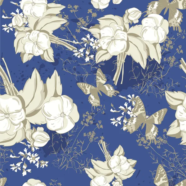 patrón floral transparente con mariposas y rosas en estilo vintage ...