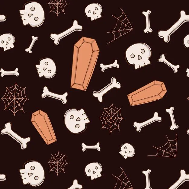Patrón transparente de vector con iconos de otoño de halloween. cráneo, huesos, esqueleto, ataúd, web para imprimir | Vector Premium Patrón transparente de vector con iconos de otoño de halloween. cráneo, huesos, esqueleto, ataúd, web para imprimir | Vector Premium