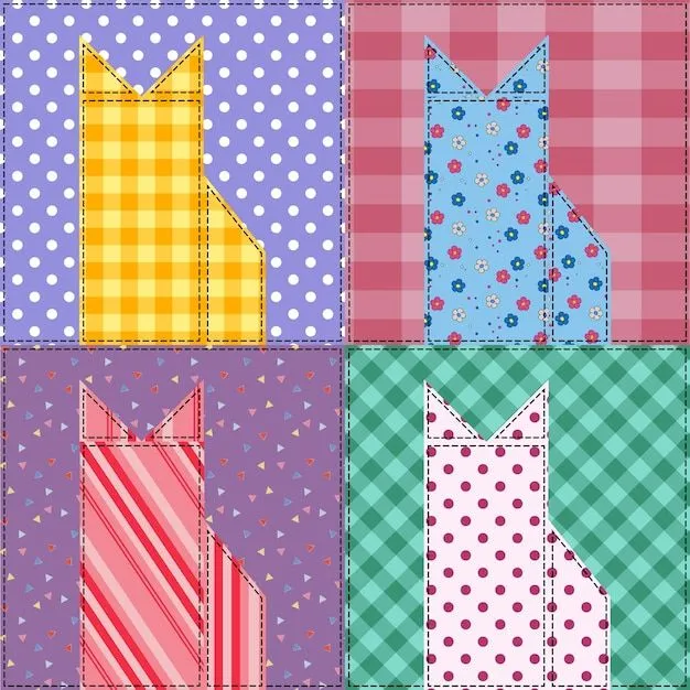 Patrón vectorial en estilo patchwork, un conjunto de gatos multicolores  hechos de tela | Vector Premium