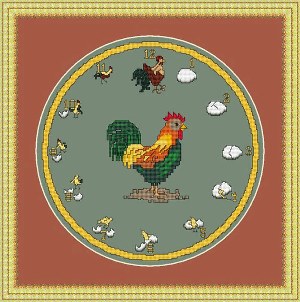 Patrones de punto de cruz de un reloj con gallo y pollitos Patrones de punto de cruz de un reloj con gallo y pollitos