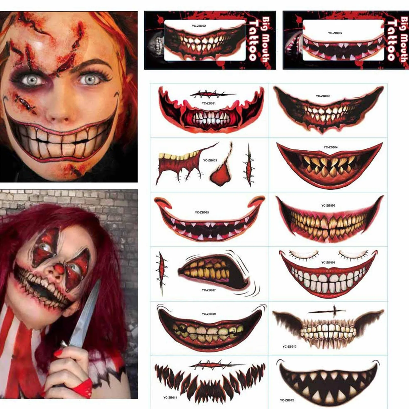 Pegatinas Tatt-oo de Halloween, maquillaje de broma temporal de Halloween, payaso de Halloween, boca de Pegatinas Tatt-oo de Halloween, maquillaje de broma temporal de Halloween, payaso de Halloween, boca de