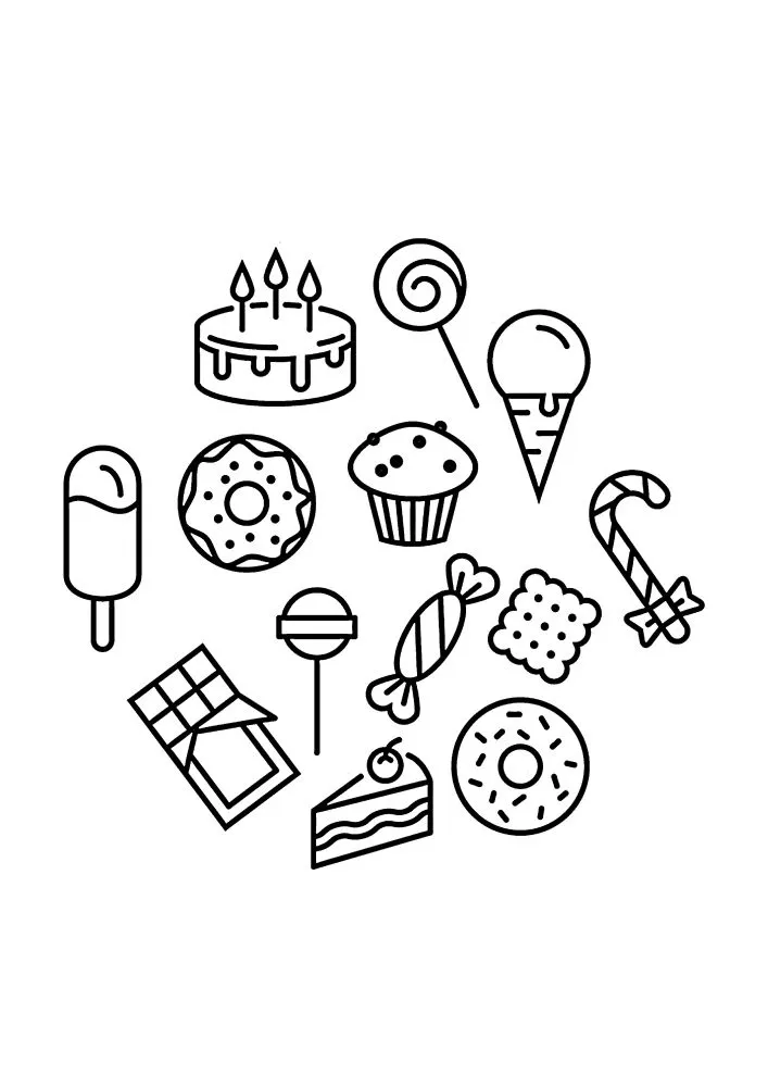 Pequeñas imágenes en blanco y negro de dulces para niños - Razukraski.com