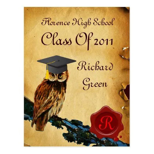 PERGAMINO DEL BÚHO DE LA GRADUACIÓN Y MONOGRAMA POSTAL | Zazzle