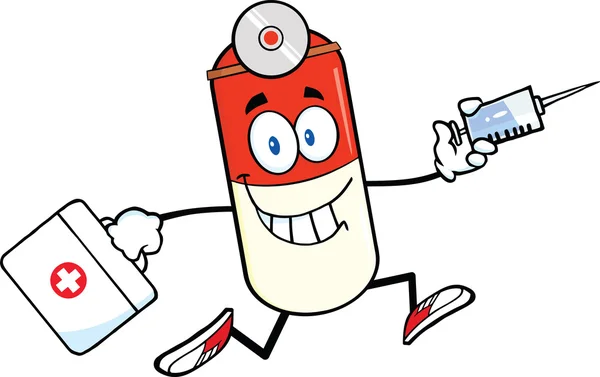 Personagem de desenho animado da cápsula de pílula correndo com um ... Personagem de desenho animado da cápsula de pílula correndo com um ...