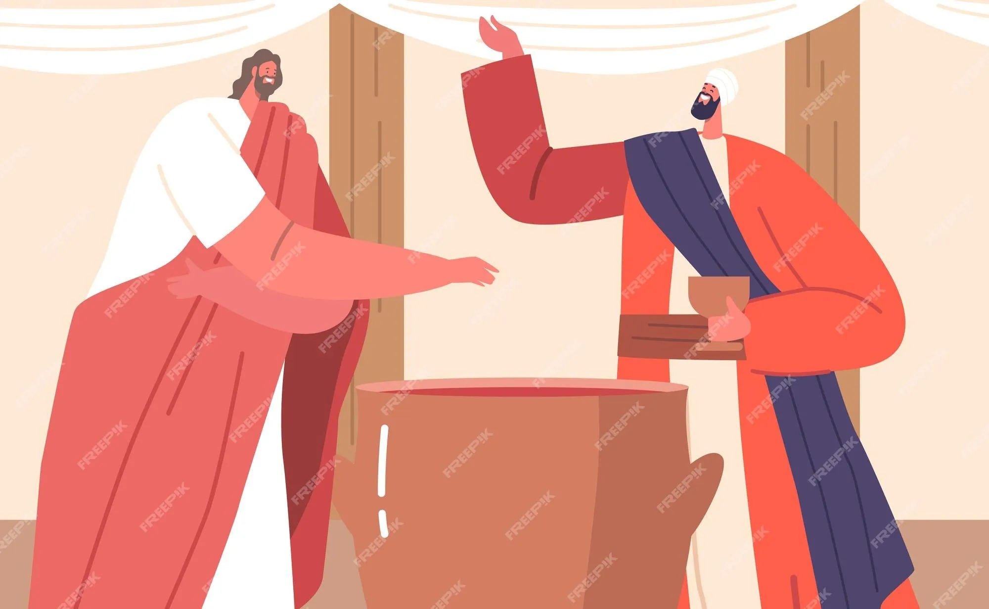 El personaje de jesús convierte el agua en vino de alta calidad milagro bíblico realizado en una fiesta de bodas en caná | Vector Premium El personaje de jesús convierte el agua en vino de alta calidad milagro bíblico realizado en una fiesta de bodas en caná | Vector Premium