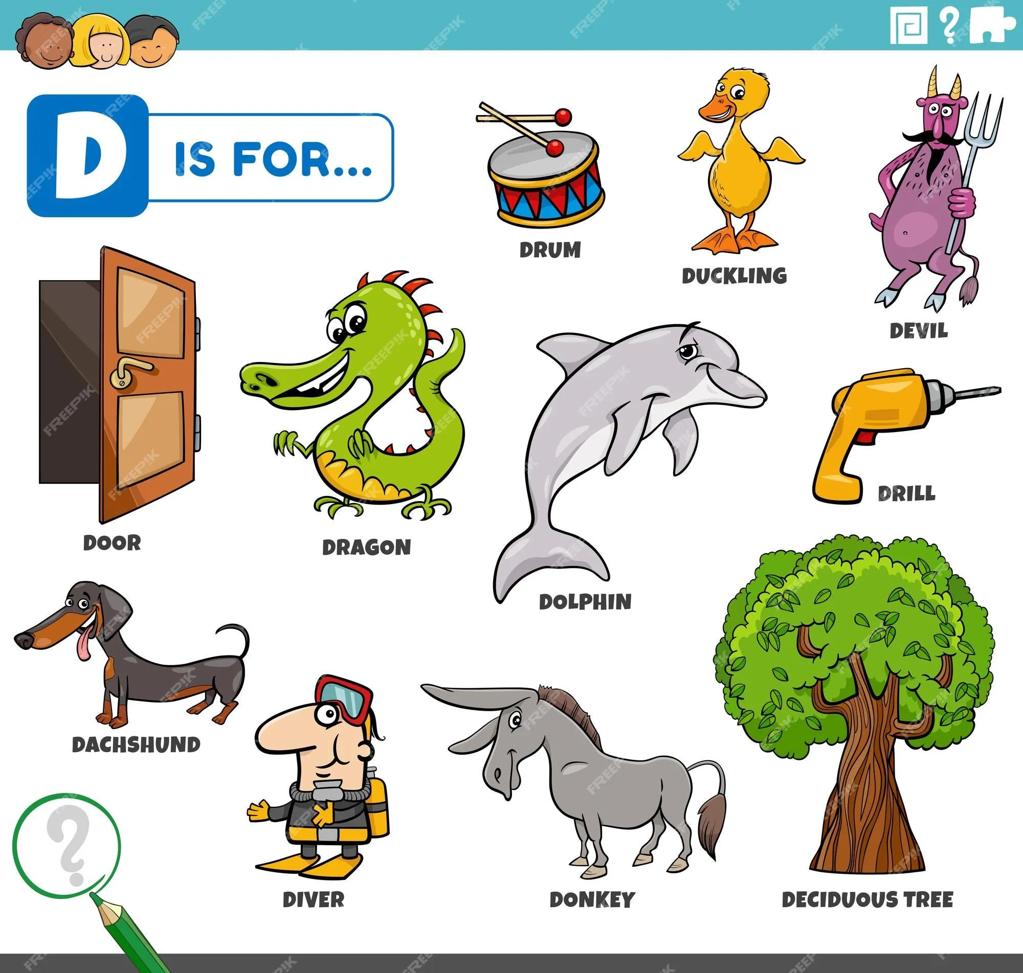 Personajes de dibujos animados y objetos que comienzan con la letra d  conjunto educativo | Vector Premium