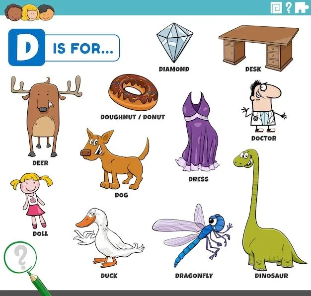 Personajes de dibujos animados y objetos que comienzan con la letra d  conjunto educativo | Vector Premium