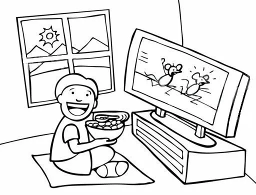 Colorear niño comiendo y viendo television. Dibujo para pintar ... Colorear niño comiendo y viendo television. Dibujo para pintar ...