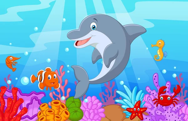 Pie de dibujos animados de delfines con peces de colección ... Pie de dibujos animados de delfines con peces de colección ...