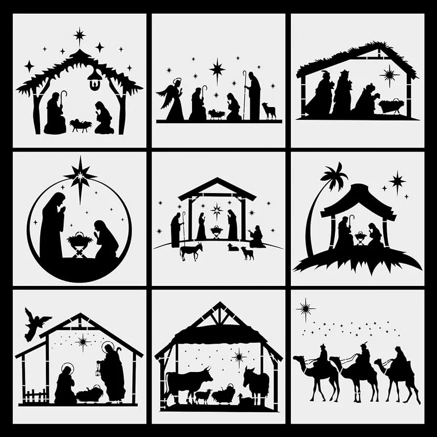 9 piezas de plantillas de belén de Navidad, plantillas de pintura de belén  reutilizables, plantillas de dibujo para pintar sobre lienzo de madera,  plantillas de pintura reutilizables para manualidades, tela, decoración del
