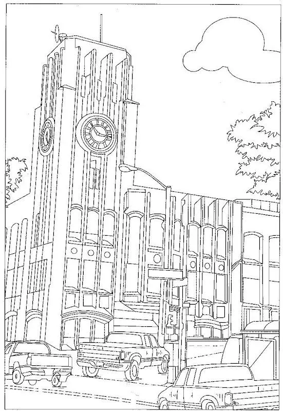 Pinto Dibujos: Edificio con reloj en ciudad para colorear Pinto Dibujos: Edificio con reloj en ciudad para colorear