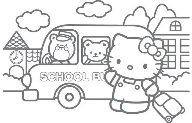 Pinto Dibujos: Hello Kitty y autobús escolar para colorear