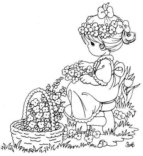 Pinto Dibujos: Niña recogiendo flores para colorear Pinto Dibujos: Niña recogiendo flores para colorear