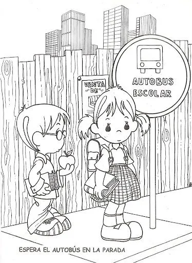 Pinto Dibujos: Niños esperando el autobus para colorear Pinto Dibujos: Niños esperando el autobus para colorear