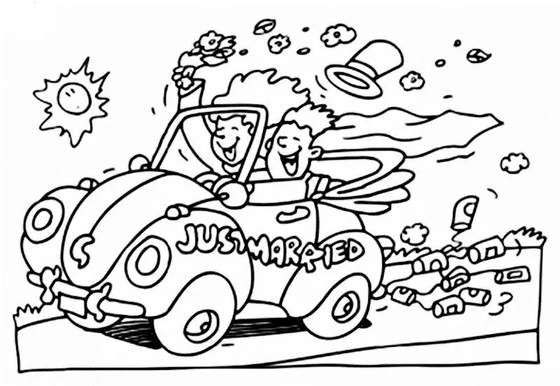 Pinto Dibujos: Recién casados en carro con latas para colorear ... Pinto Dibujos: Recién casados en carro con latas para colorear ...