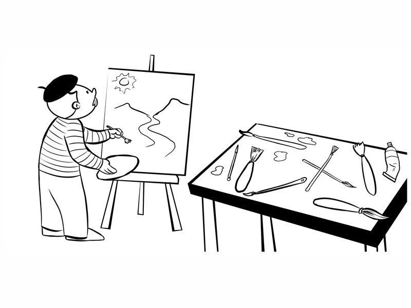 Pintor trabajando en sus cuadros. Dibujos infantiles Pintor trabajando en sus cuadros. Dibujos infantiles