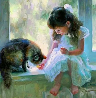 Pintor Vladimir Volegov. Pintura y Fotografía Artística : Pinturas óleo niñas con mascotas.