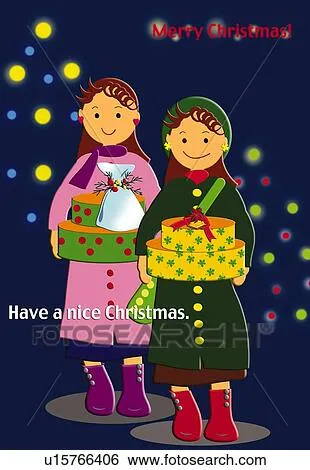 pintura, de, dos niñas, tenencia, navidad presenta, ilustración Ver Ilustración en Grande pintura, de, dos niñas, tenencia, navidad presenta, ilustración Ver Ilustración en Grande