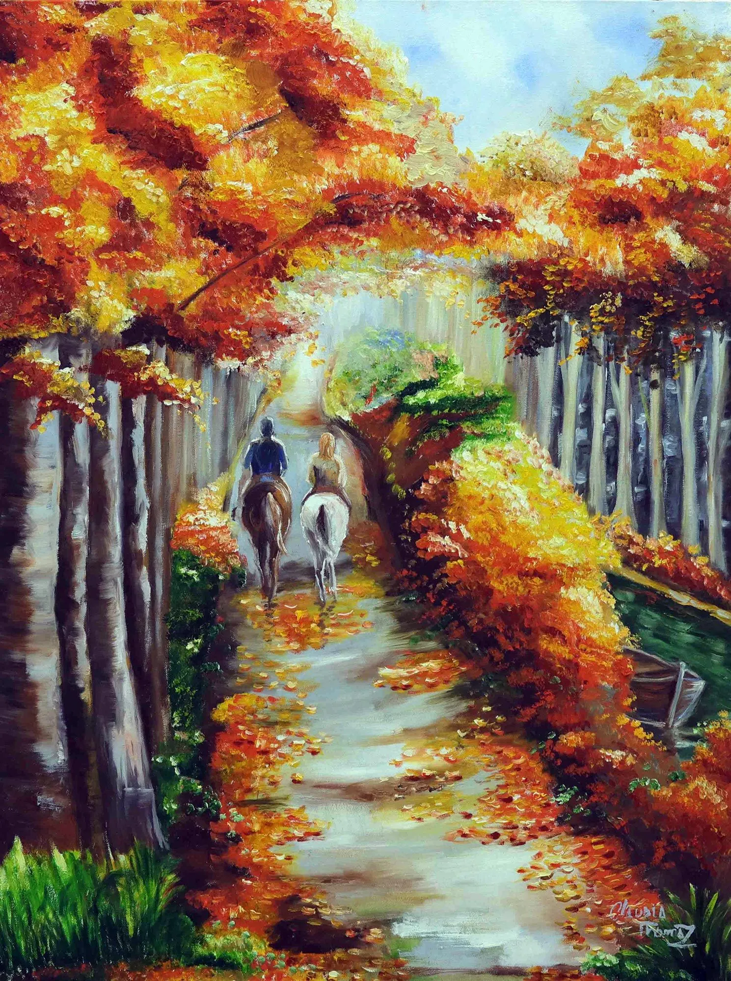 Pintura impresionista romántica estirada firmada del bosque - Cabalgata del amor | NOVICA Pintura impresionista romántica estirada firmada del bosque - Cabalgata del amor | NOVICA