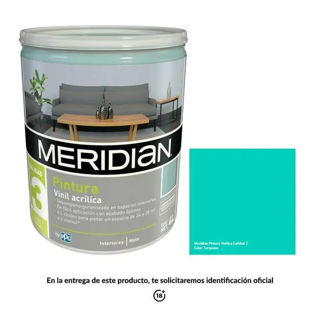Pintura Meridian Clásica 3 Años Color Turquesa 4 Litros | Bodega Aurrera en línea Pintura Meridian Clásica 3 Años Color Turquesa 4 Litros | Bodega Aurrera en línea