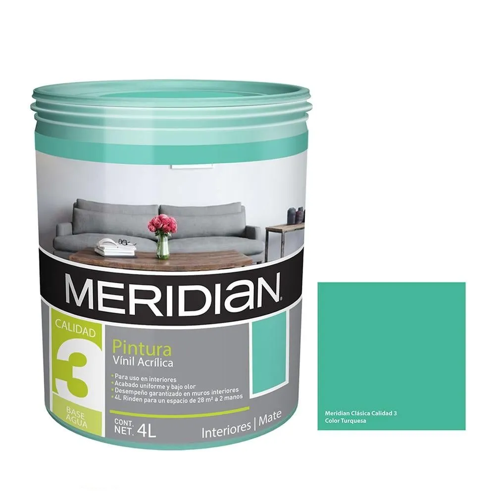 Pintura Meridian Clásica 3 Años Color Turquesa 4 Litros | Bodega Aurrera en línea Pintura Meridian Clásica 3 Años Color Turquesa 4 Litros | Bodega Aurrera en línea