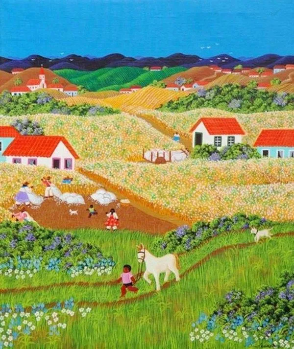 Pintura Moderna al Óleo: Cuadro de paisaje naif Pintura Moderna al Óleo: Cuadro de paisaje naif