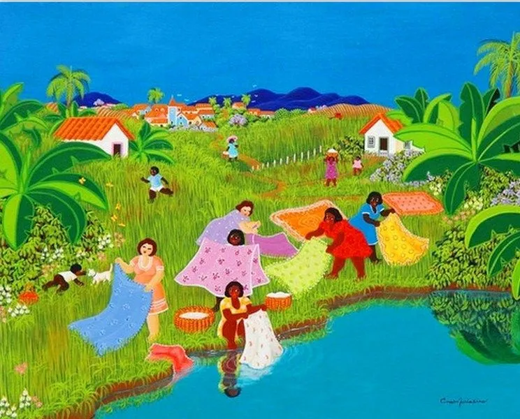 Pintura Moderna al Óleo: Cuadro de paisaje naif Pintura Moderna al Óleo: Cuadro de paisaje naif