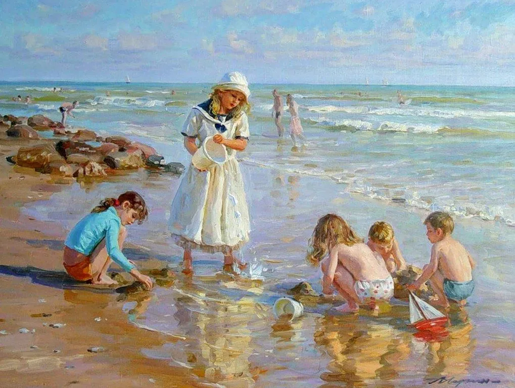 Pintura Moderna al Óleo: Niñas en Paisajes Óleo, Alexander Averin Pintura Moderna al Óleo: Niñas en Paisajes Óleo, Alexander Averin
