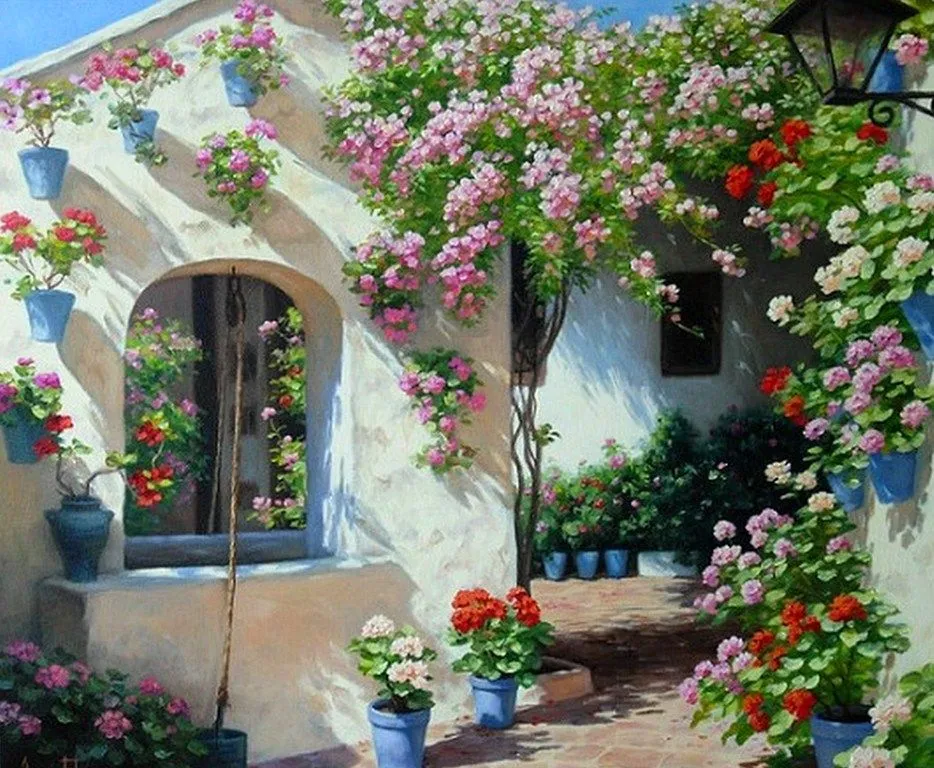 Pintura Moderna al Óleo: Pinturas de ventanas con flores Pintura Moderna al Óleo: Pinturas de ventanas con flores