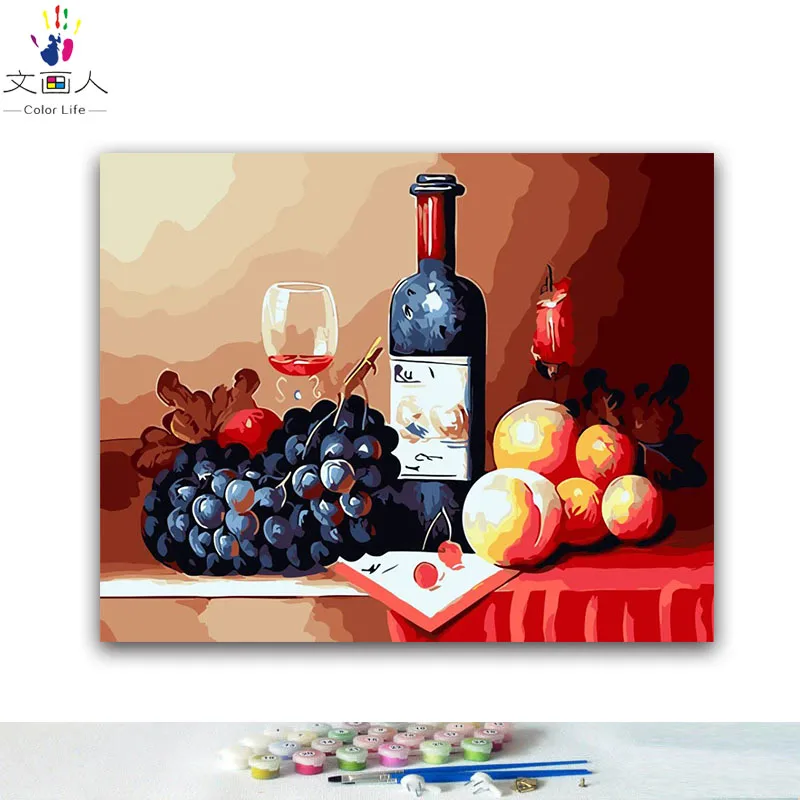 Pintura por números para colorear, dibujo en relieve de vino tinto y fruta, bricolaje, enmarcado H Pintura por números para colorear, dibujo en relieve de vino tinto y fruta, bricolaje, enmarcado H