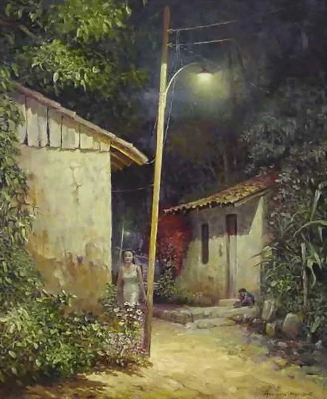  ... PINTURA DE PAISAJES AL OLEO UNA NOCHE EN UN PUEBLO DE CENTROAMERICA