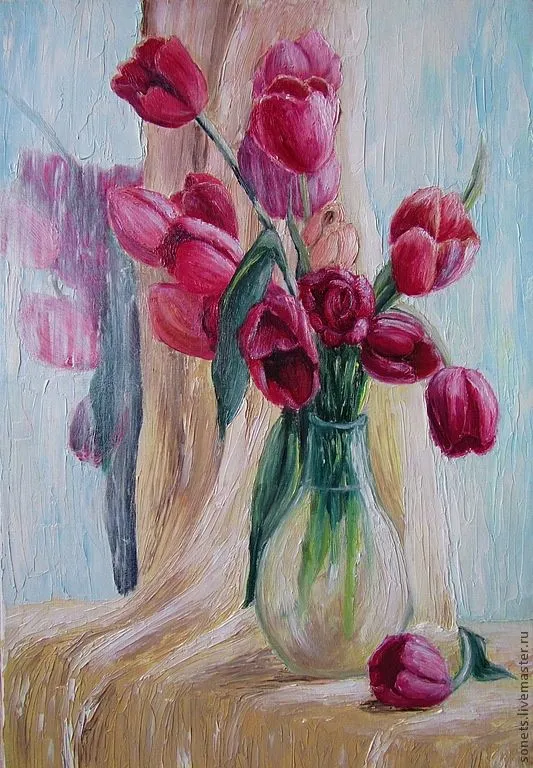 Pinturas de flores hechas a mano. Pintura al óleo "Tulipanes ... Pinturas de flores hechas a mano. Pintura al óleo "Tulipanes ...