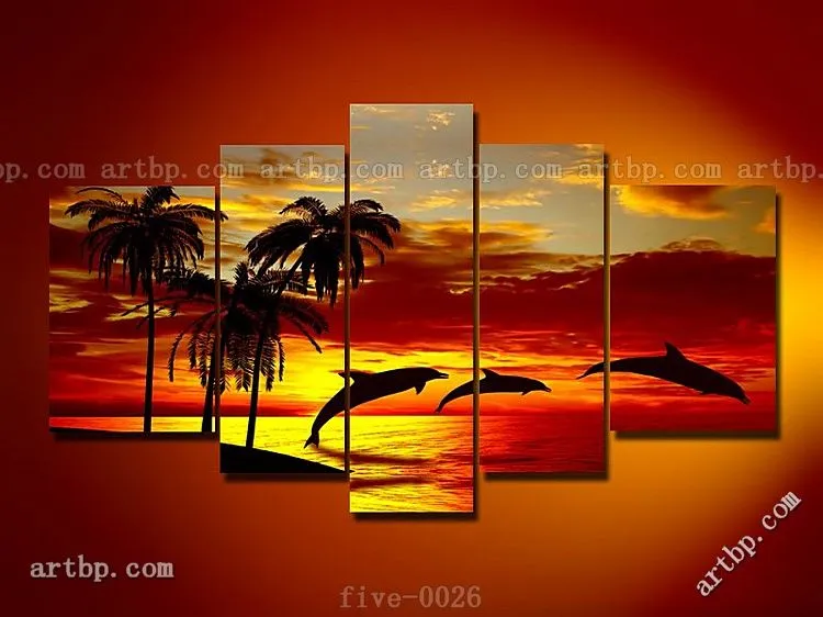 Pinturas al óleo paisaje abstracto palmera Dolphin en puesta de ...