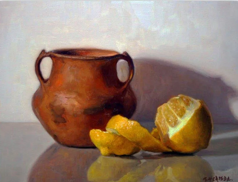 Olla de barro en bodegón | Bodegones y Paisajes Cuadros al Óleo