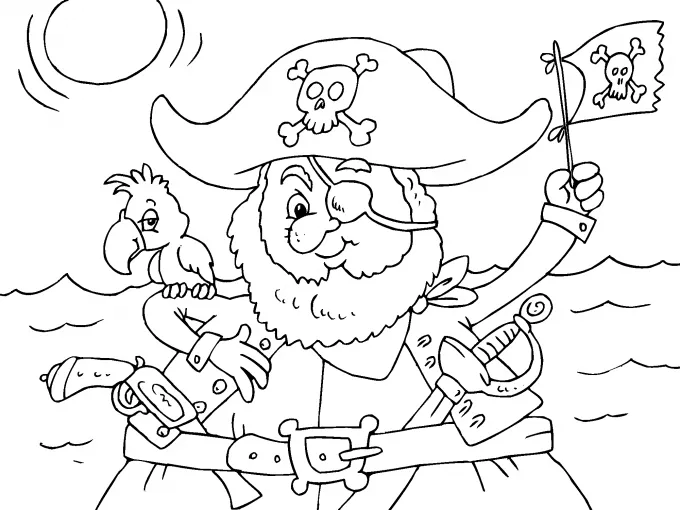 Pirata con su loro y la bandera para imprimir | ParaCOLOREAR.net