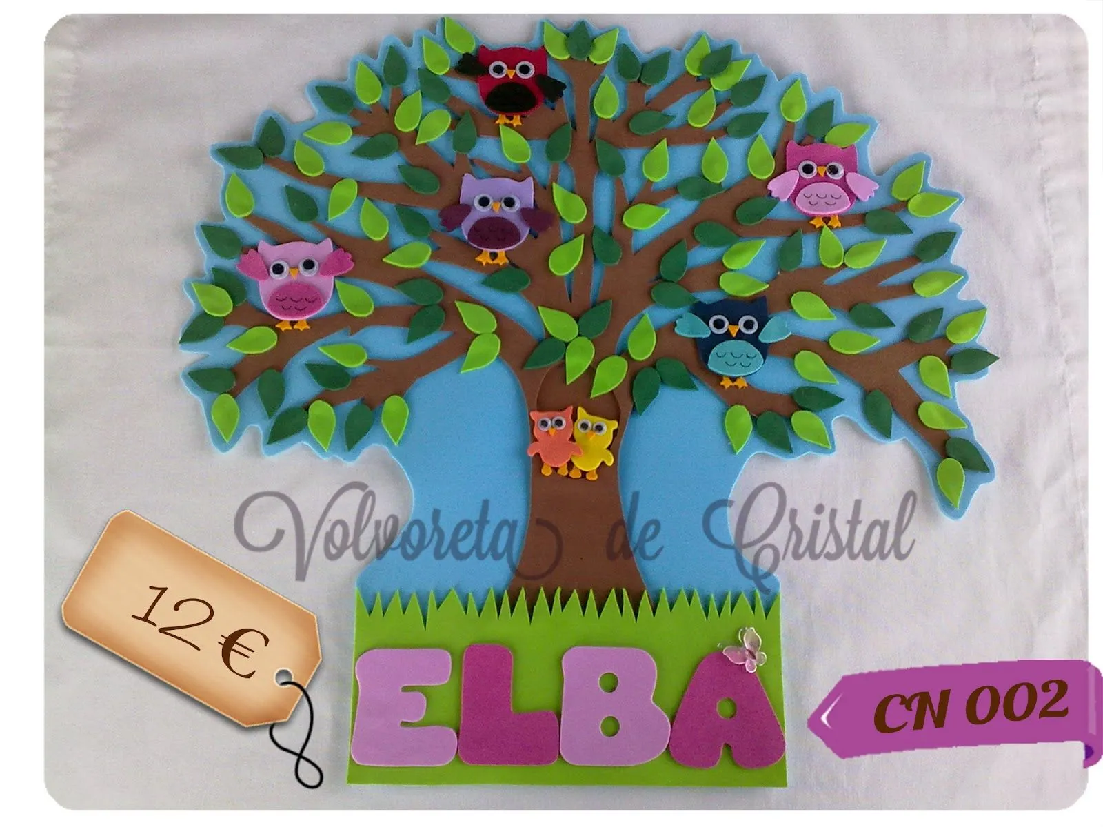 Placa con nombre árbol con búhos | Volvoreta de Cristal Placa con nombre árbol con búhos | Volvoreta de Cristal