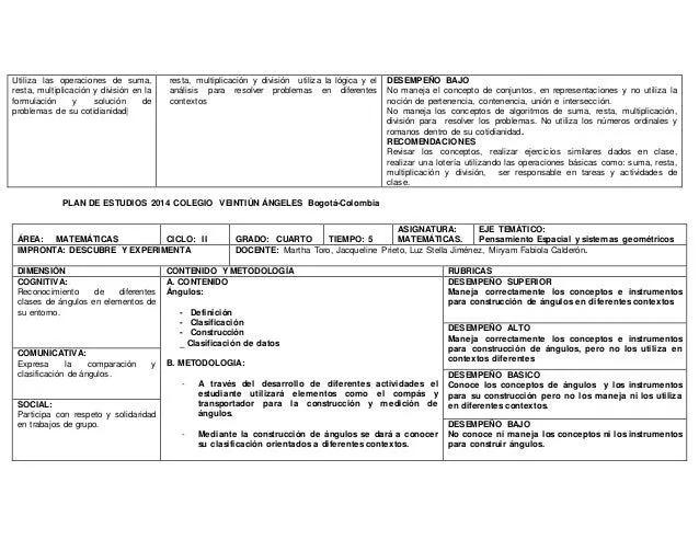 Plan de estudios matemáticas grado cuarto 2014 colegio de bogotá col…