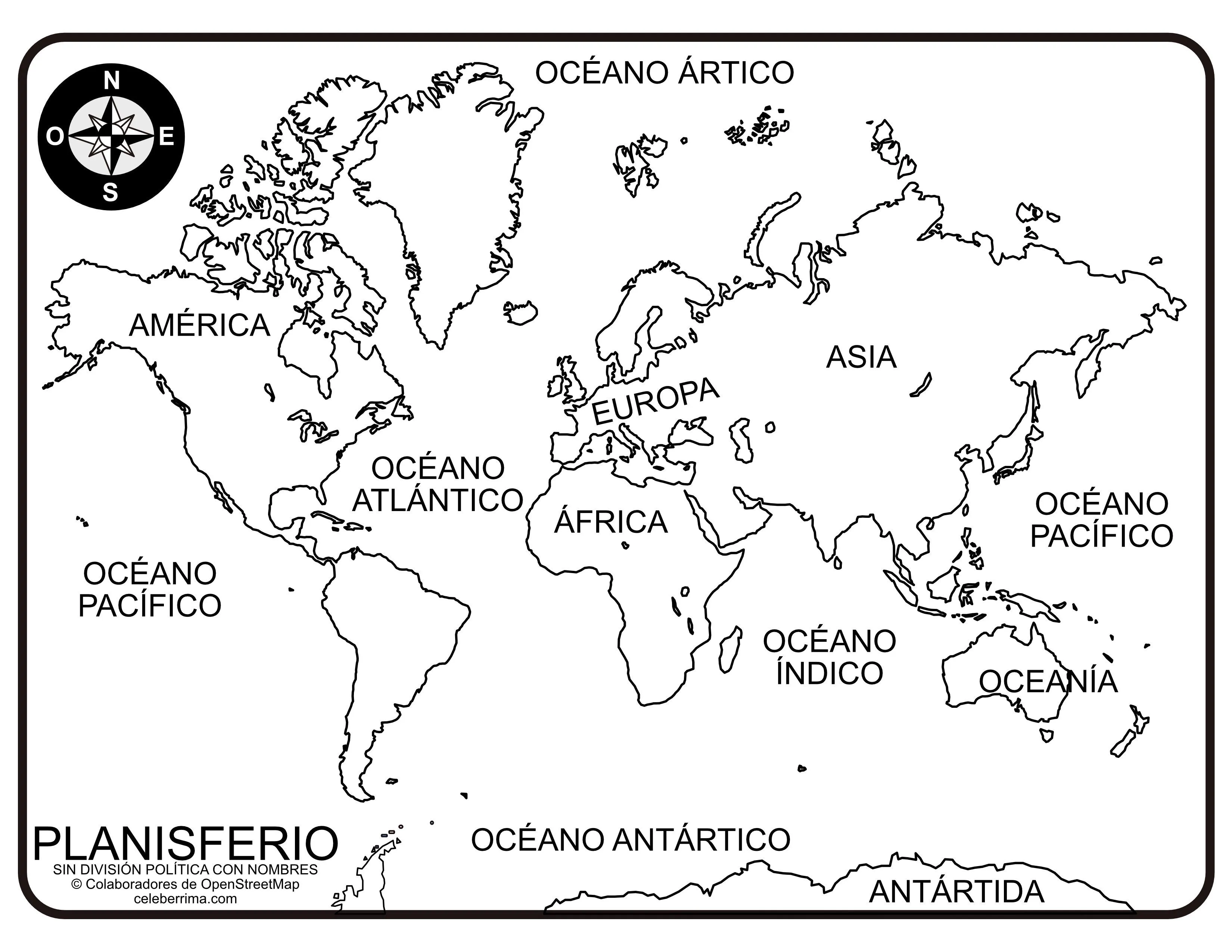 Planisferio sin división política y con nombres para colorear e imprimir - Celebérrima.com Planisferio sin división política y con nombres para colorear e imprimir - Celebérrima.com