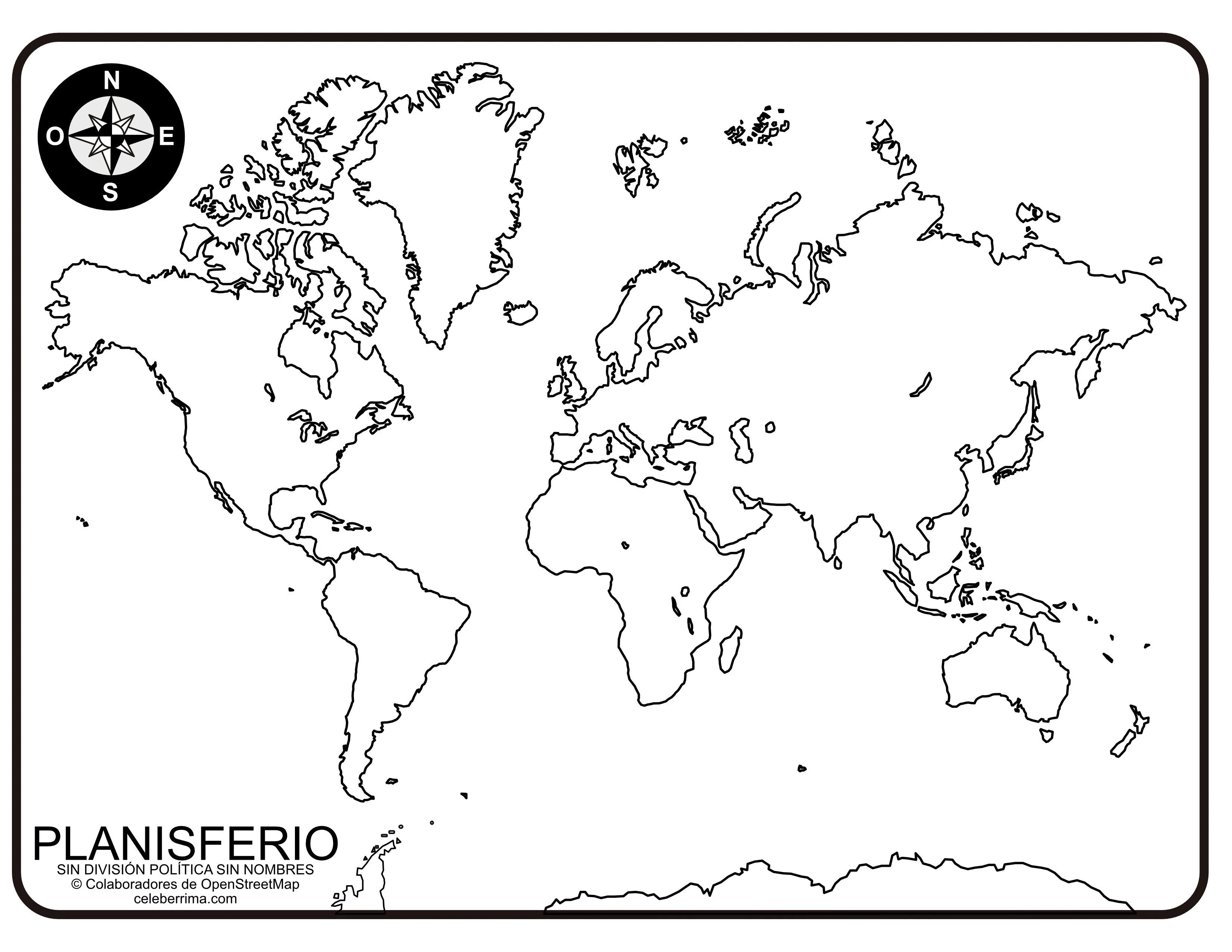 Planisferio sin nombres y sin división política para colorear e imprimir - Celebérrima.com Planisferio sin nombres y sin división política para colorear e imprimir - Celebérrima.com