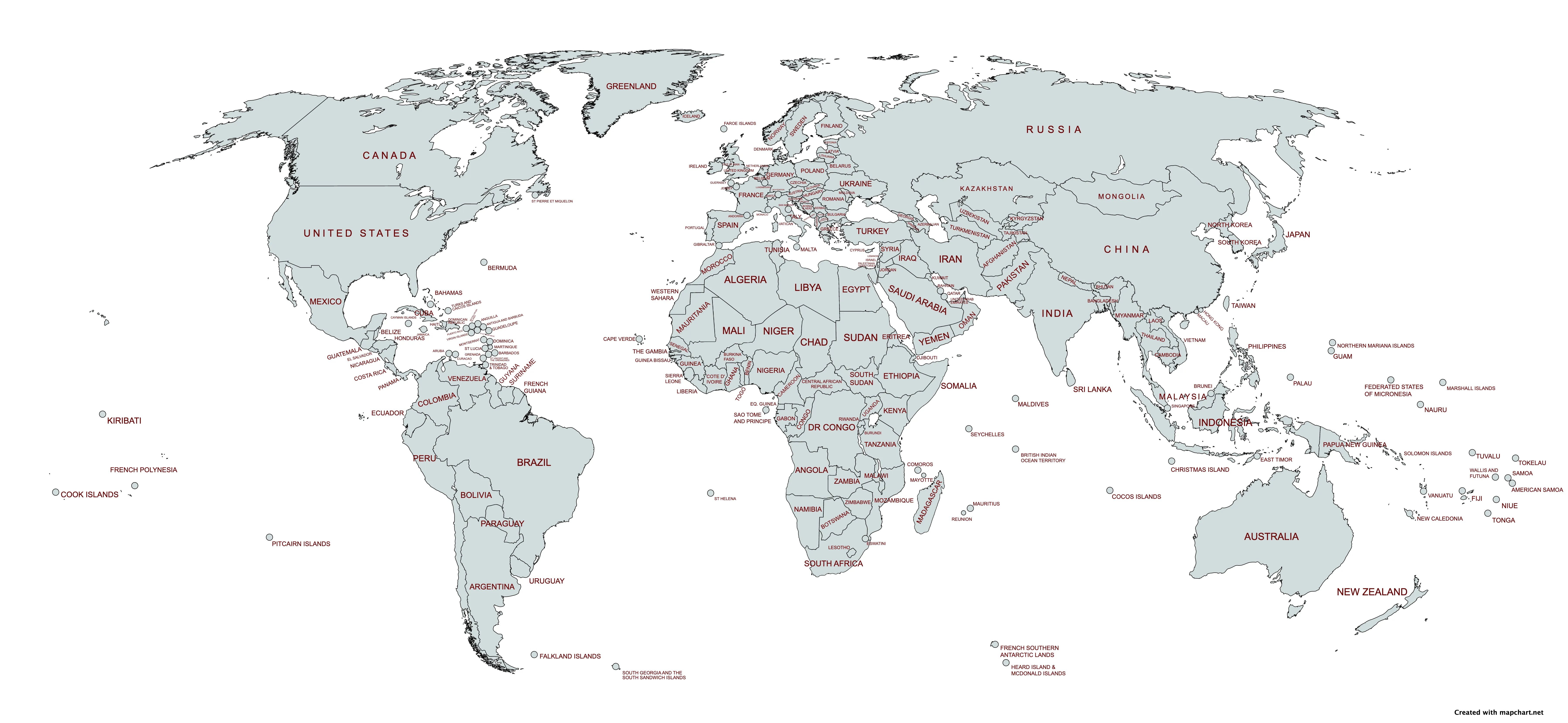 Planisferio con nombres para imprimir - División política y letra grande Planisferio con nombres para imprimir - División política y letra grande