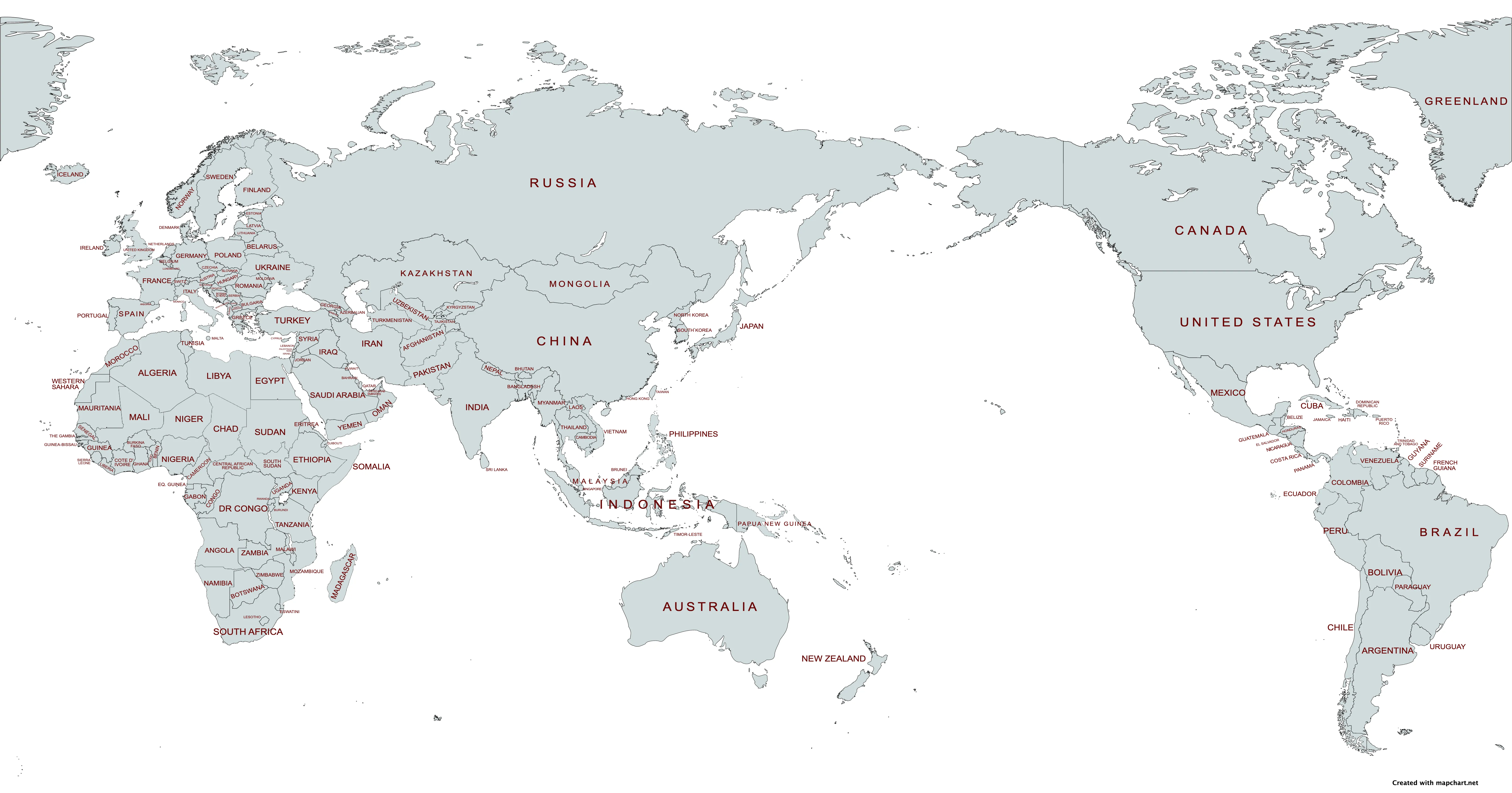 Planisferio con nombres para imprimir - División política y letra grande Planisferio con nombres para imprimir - División política y letra grande